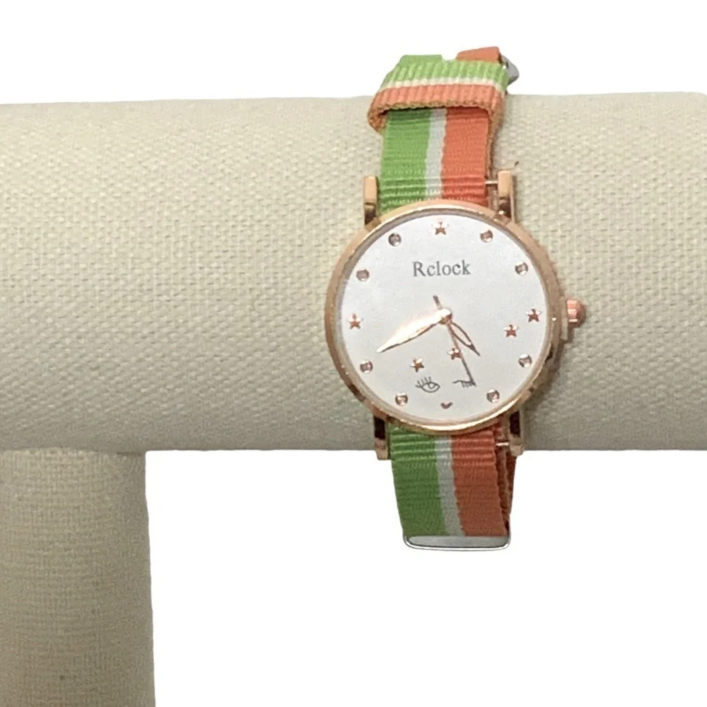 Watch Women’s Analog Round  Preppy Stripe Canvas Buckle Band Green Coral